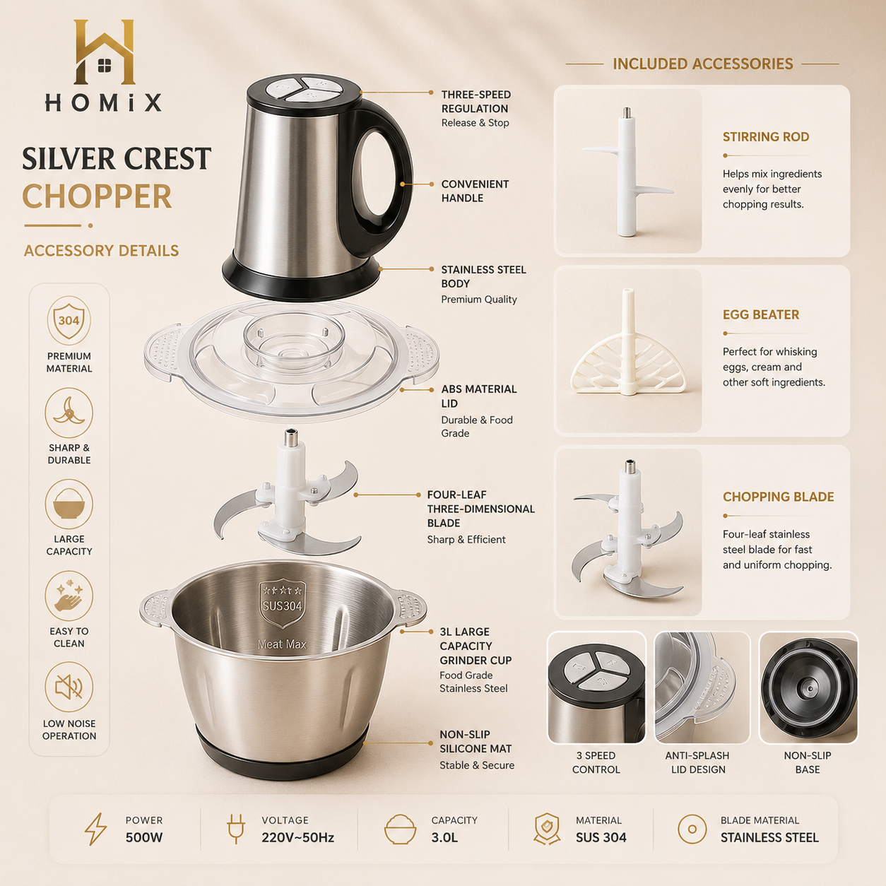 Silver Crest Chopper | 3 Litter | Meat Grinder 1000 Watts | 4 Blades