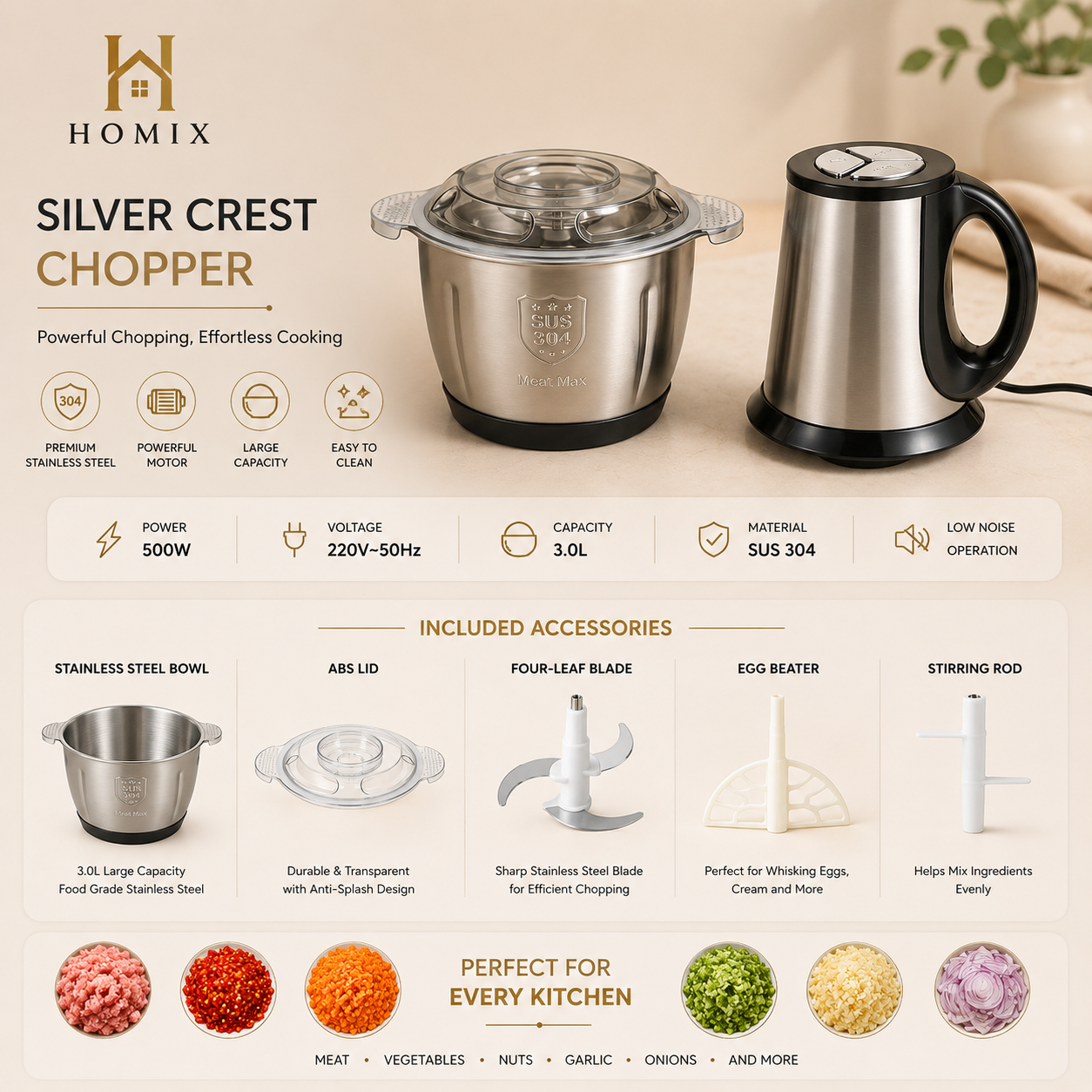 Silver Crest Chopper | 3 Litter | Meat Grinder 1000 Watts | 4 Blades