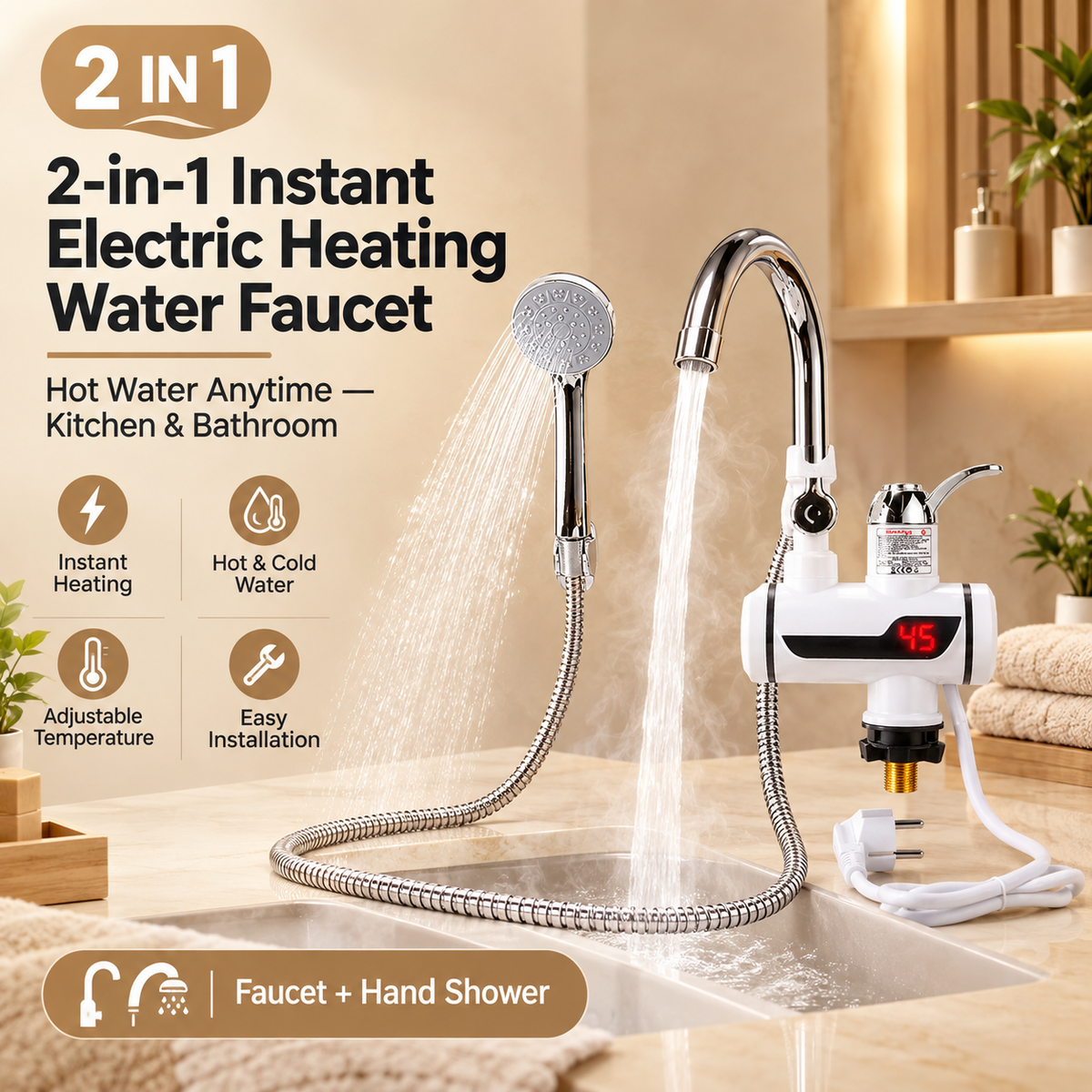 2 in 1 Instant Water Heating Tap | 3000W | 100% Shock Proof | 1 Year Warrenty!